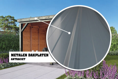 Vrijstaande overkapping met dichte zijkant en achterkant van geimpregneerd douglas Zweeds rabat planken en metalen dakplaten