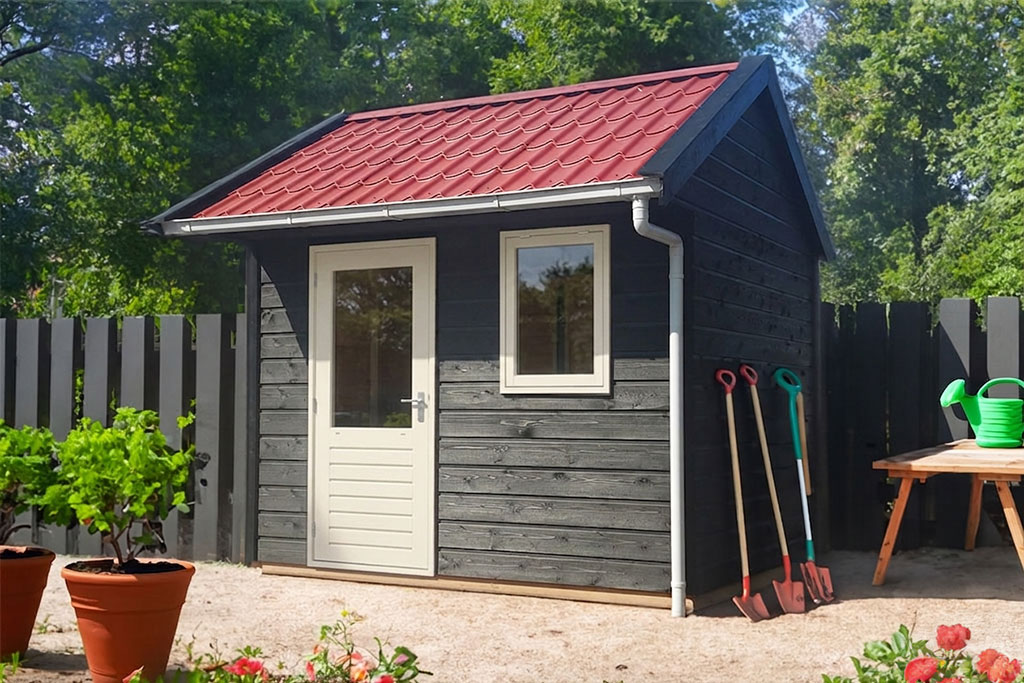 Tuinhuis zadeldak B350xD250cm met 50cm luifel